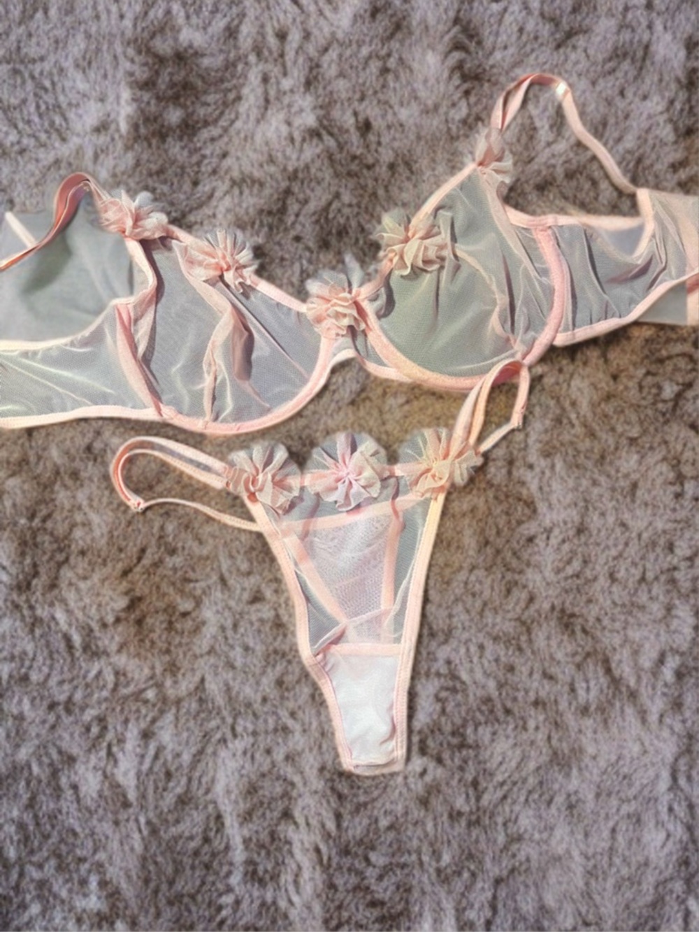 Sheer Floral Mesh Bralette & Thong Set - Pale Pink